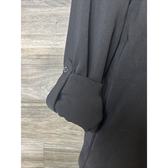 CATHERINE MALANDRINO Button Top Size M Basic Black Collar Roll Tab Sleeve Blouse - Picture 5 of 9